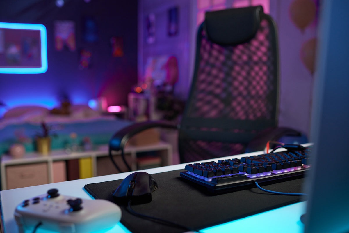 an image of a streamer's clean gaming setup with accessories