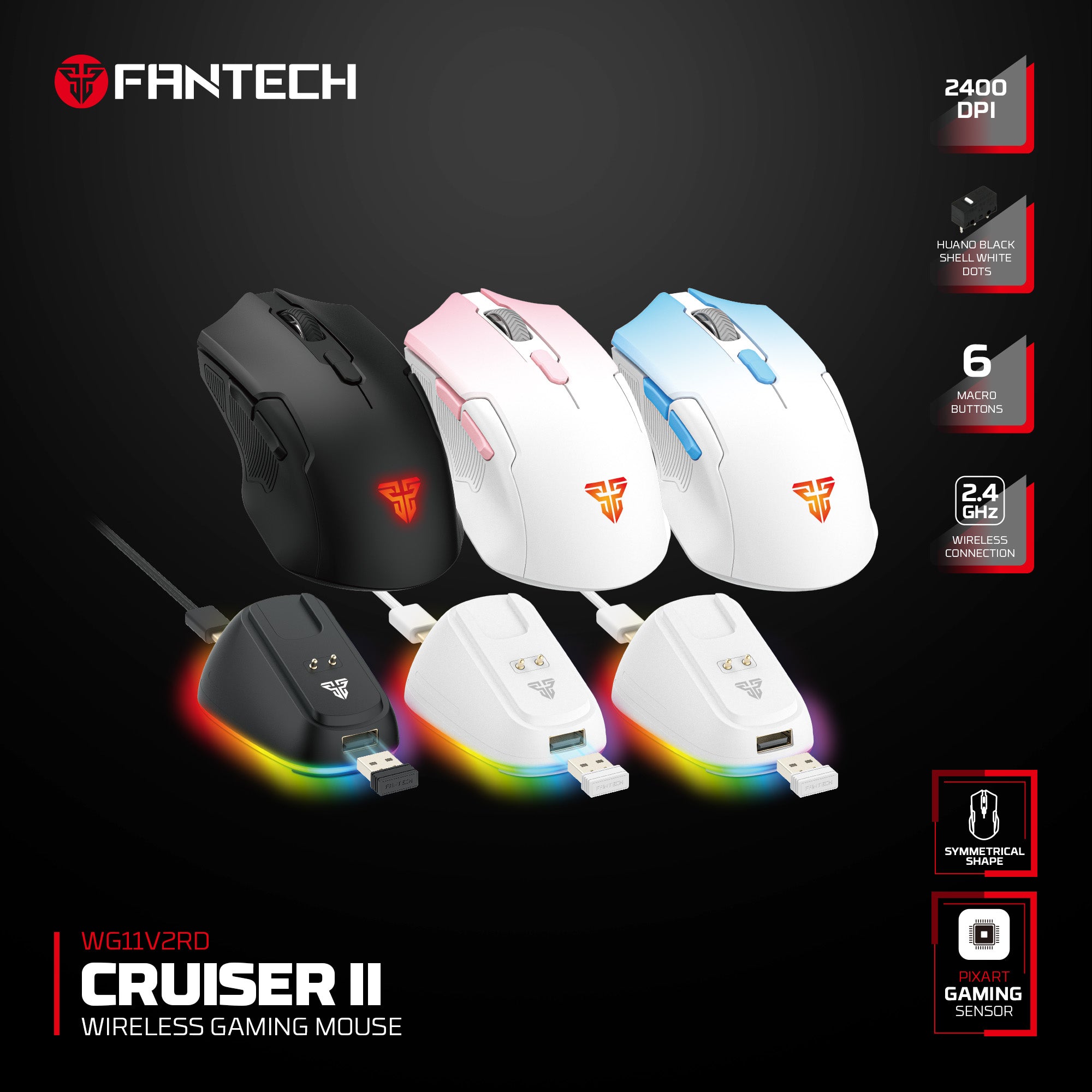 Fantech Cruiser II WG11V2RD Wireless RGB Gaming Mouse & Charging Dock Combo