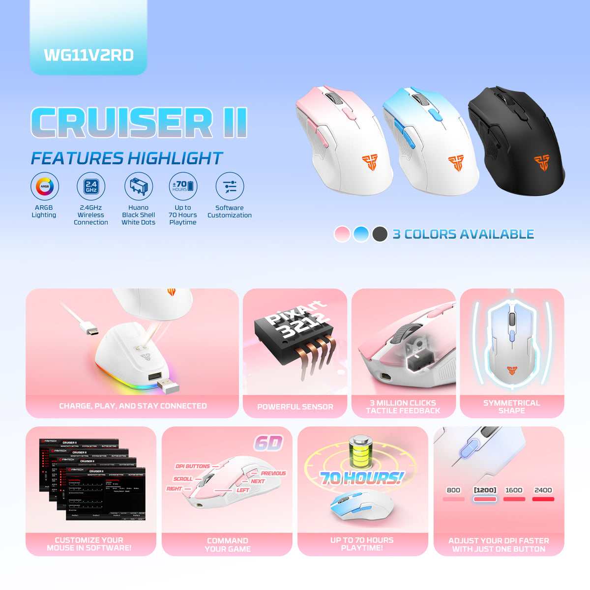 Fantech Cruiser II WG11V2RD Wireless RGB Gaming Mouse & Charging Dock Combo