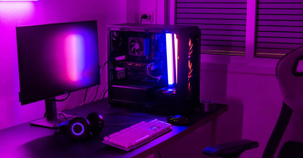 Gaming desk setup with a customisable monitor stand creating an organised and immersive workspace.