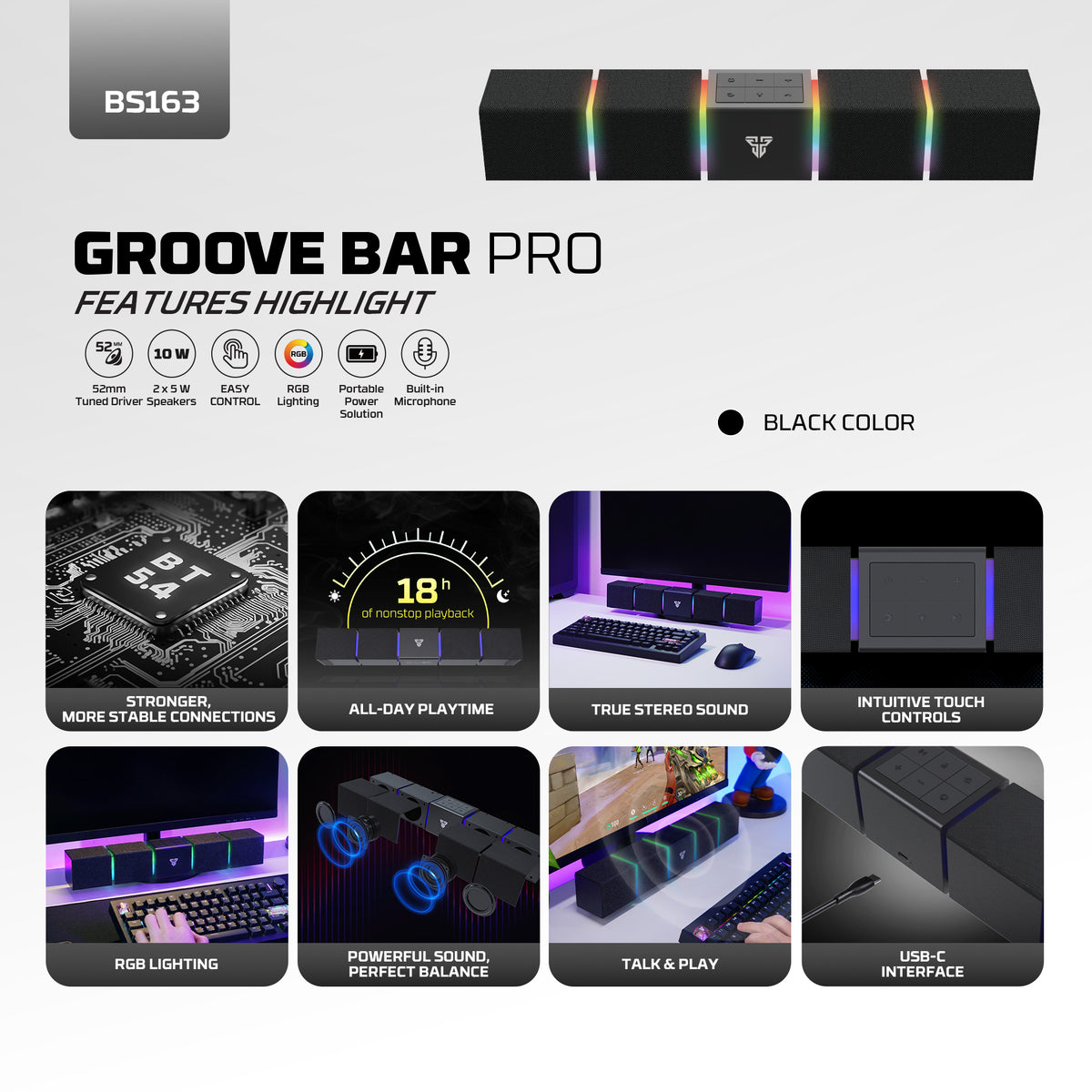 Groove Bar Pro BS163 Portable Gaming Speaker – 10W RMS Computer Soundbar with Bluetooth 5.4 & USB-C
