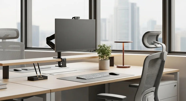 Modern Singapore office workspace featuring ergonomic monitor arm and clean desk setup

