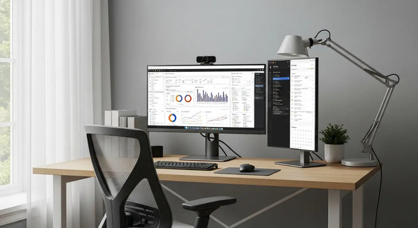 Professional home office workspace showing monitor positioned at eye level with neutral wall background, natural and artificial lighting arranged to prevent screen glare, webcam positioned above monitor, second reference monitor for task management, and ergonomic chair with proper armrest alignment