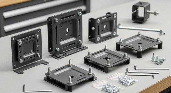 Universal VESA monitor arm adapter plates for different monitor mounting patterns
